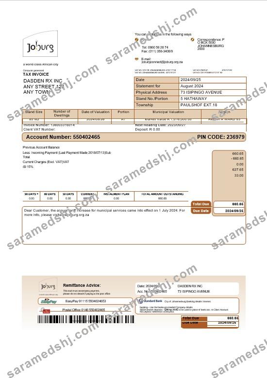 South Africa Joburg business utility bill Word and PDF template-pages